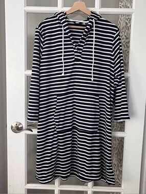 LAND’S END Hooded Terrycloth Striped Swim Cover-Up Sz L NWT